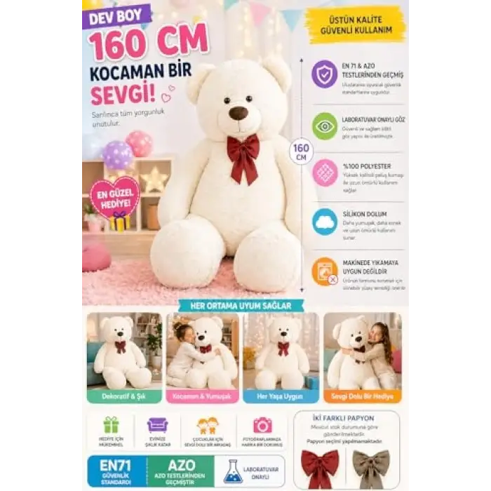 Beyaz Papyonlu Dev Pelüş Ayıcık 160cmbeyaz