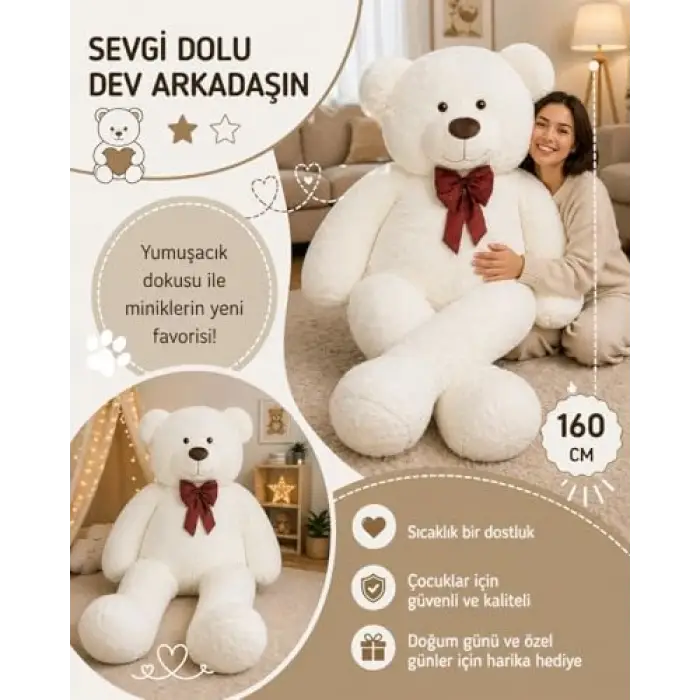 Beyaz Papyonlu Dev Pelüş Ayıcık 160cmbeyaz