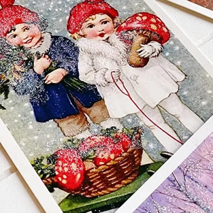 Bimotif 6Lı Simli Kartpostal Seti, Yılbaşı, Kırmızı Ev