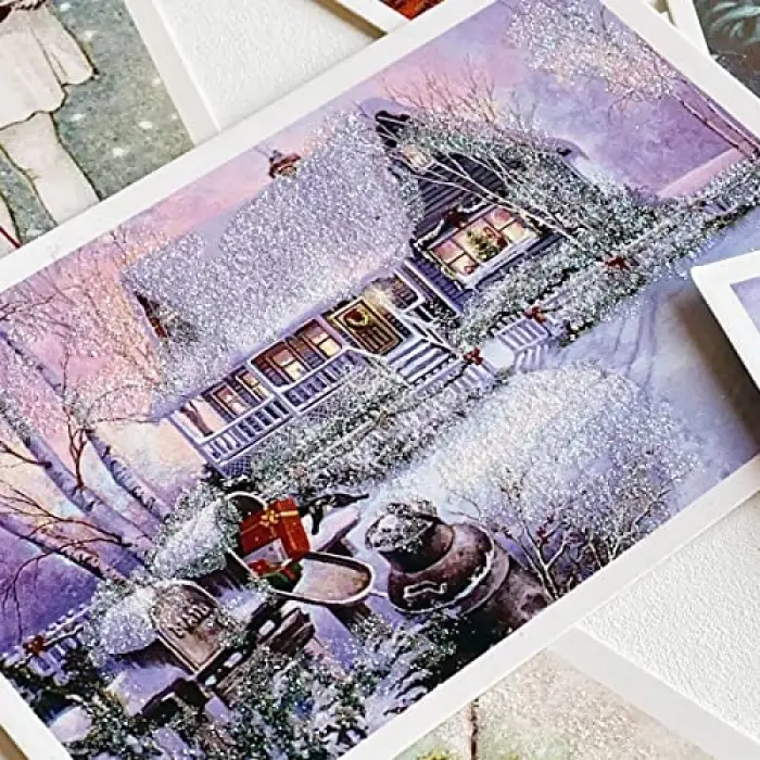 Bimotif 6Lı Simli Kartpostal Seti, Yılbaşı, Kırmızı Ev