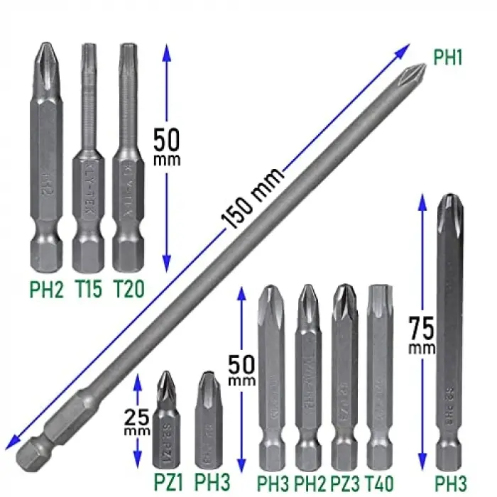 Bits Uç Seti Vidalama Uçları Düz Yıldız Torx 50 mm, 11 Parça