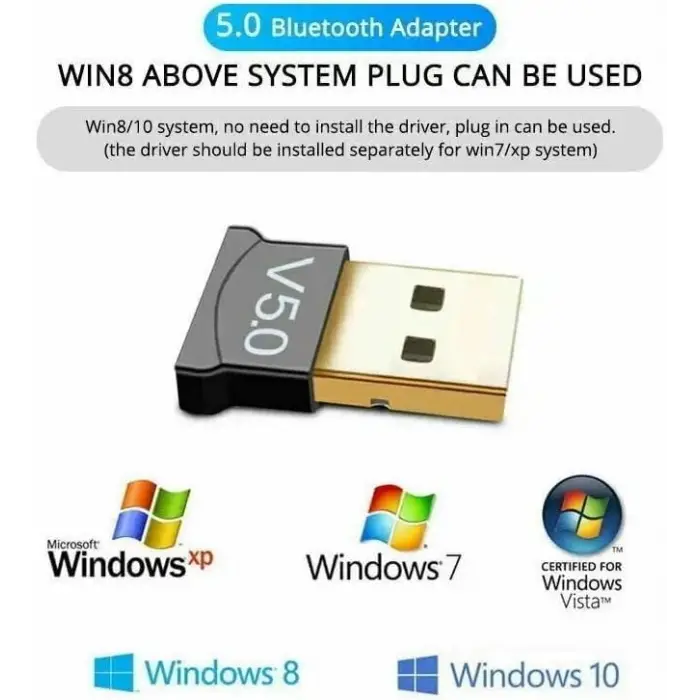 Bluetooth 5.0 USB Adaptör, Mini Dongle Bluetooth Alıcı, PC Laptop Notebook İçin Kablosuz Bluetooth Çevirici, Windows 10/11 Tak Çalıştır USB Bluetooth Dongle