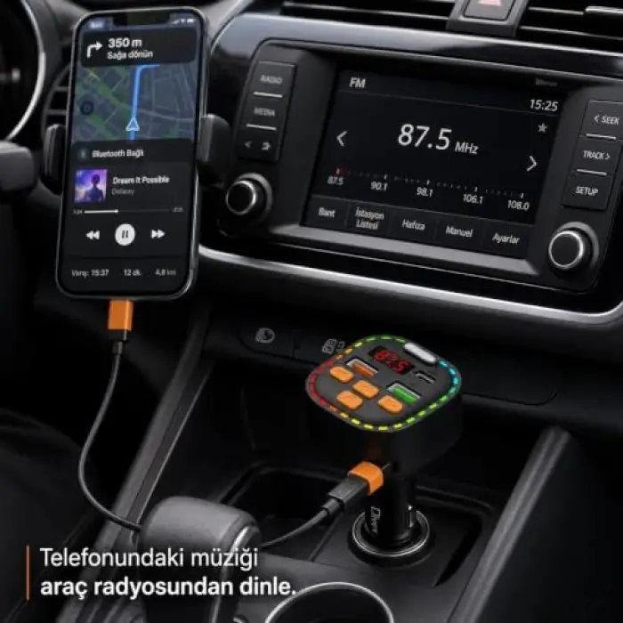 Bluetooth 5.3 FM Transmitter, Type-C Kablolu, Çift USB 3.1A Araç Şarjı, MP3/Wma/Flac ve TF Kart, 12-24V, LED Ekranlı