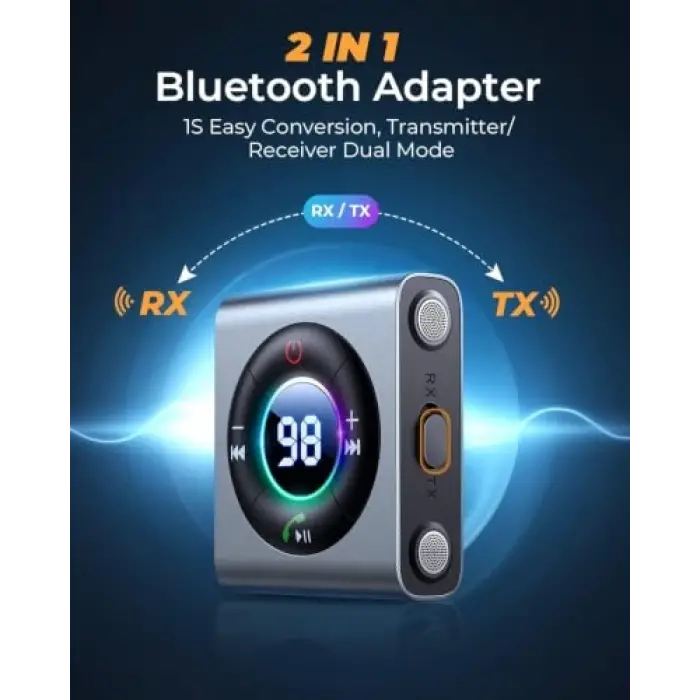 Bluetooth 5.3 Transmitter and Receiver 2 in 1 [LED Screen & Enhanced Dual Mics] Wireless Audio Adapter for Car/TV/Home Stereo/Headphone/Speaker/Airplane/Boat/Gym, AUX Bluetooth Adapter
