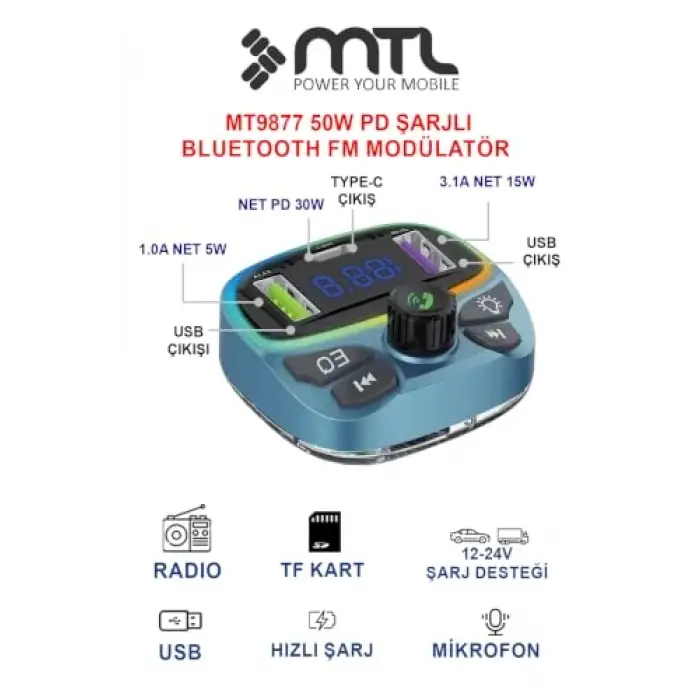 Bluetooth FM Modülatör Transmitter Çakmaklık - MT9877, Araç için