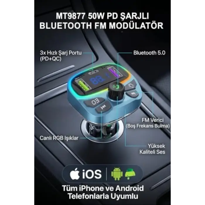 Bluetooth FM Modülatör Transmitter Çakmaklık - MT9877, Araç için