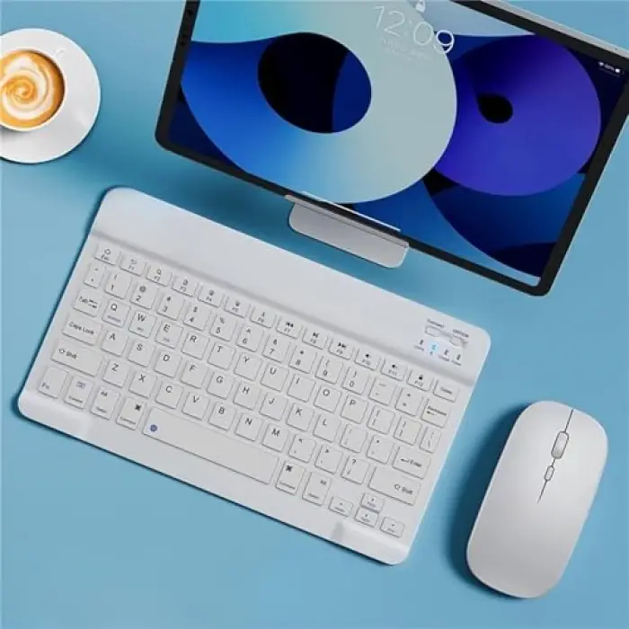 Bluetooth Kablosuz Klavye ve Mouse Seti, Android, iOS ve Windows Uyumlu, Şarj Edilebilir, Taşınabilir, Sessiz Tuşlu, Beyaz