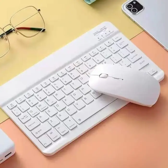 Bluetooth Kablosuz Klavye ve Mouse Seti, Android, iOS ve Windows Uyumlu, Şarj Edilebilir, Taşınabilir, Sessiz Tuşlu, Beyaz