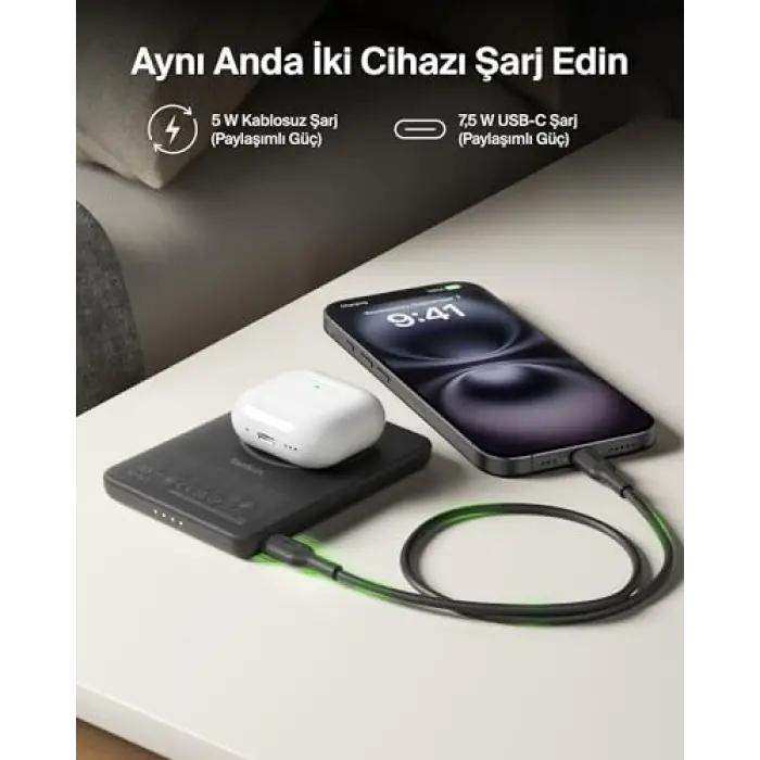BoostCharge 5000 mAh İnce Manyetik USB-C Power Bank, Siyah