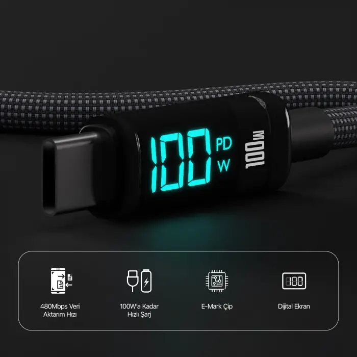 BX09 CC Type-C to Type-C 100W 480Mbps E-Marker Çipli LED Dijital Ekranlı Şarj ve Data Kablosu 1 Metre Siyah