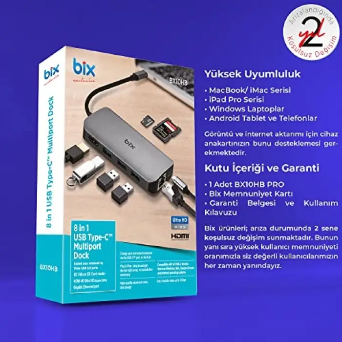 BX10HB 8i1 Arada Type-C Hub, 4K@30Hz HDMI, 100W PD, 1Gbps Ethernet, 3* USB 3.0, MacBook Windows Chrome Android Uyumlu