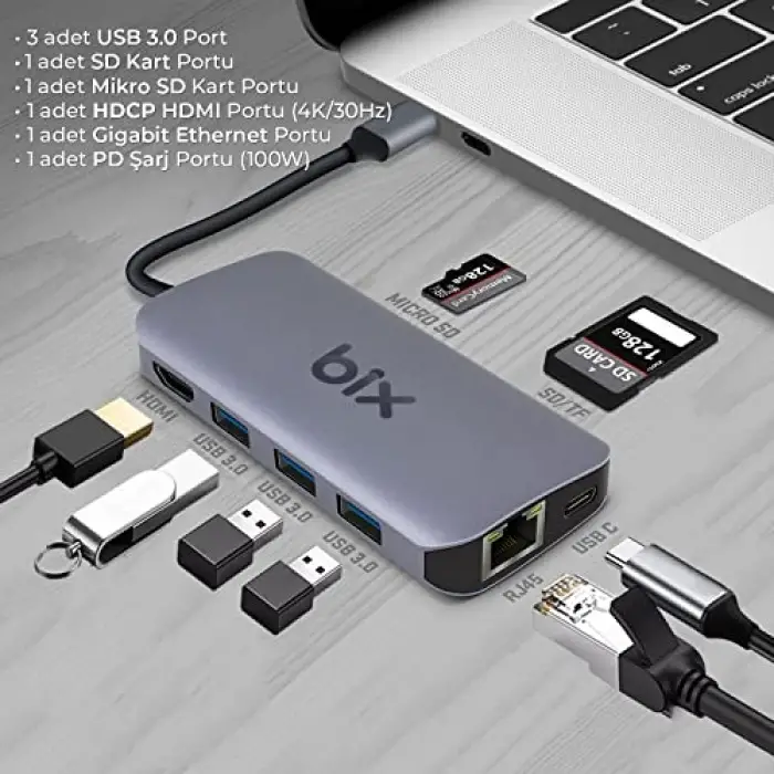 BX10HB 8i1 Arada Type-C Hub, 4K@30Hz HDMI, 100W PD, 1Gbps Ethernet, 3* USB 3.0, MacBook Windows Chrome Android Uyumlu