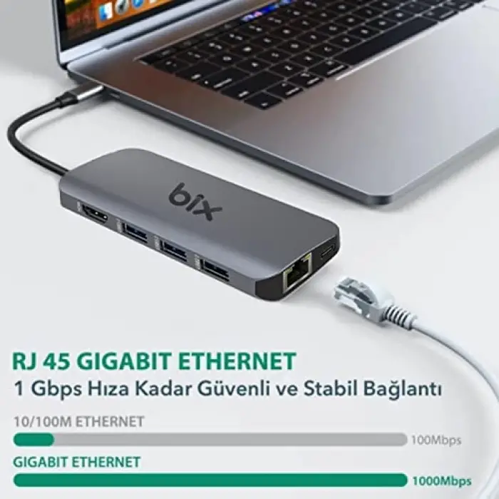 BX10HB 8i1 Arada Type-C Hub, 4K@30Hz HDMI, 100W PD, 1Gbps Ethernet, 3* USB 3.0, MacBook Windows Chrome Android Uyumlu