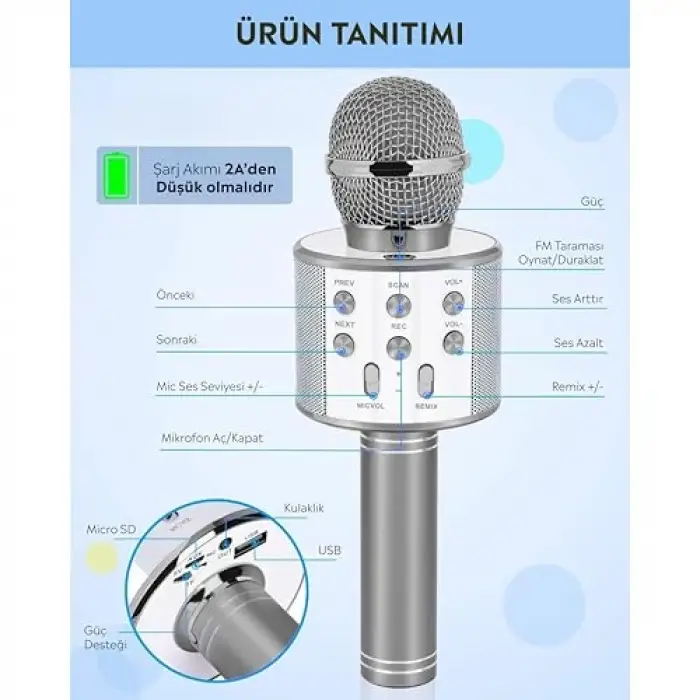 C-8501 Karaoke Mikrofon Bluetooth USB & TF & Aux (Silver)