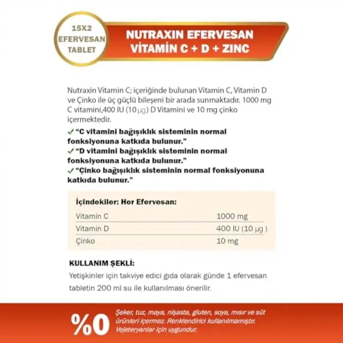 C, D Vitamini ve Çinko İçeren 15 Efervesan Tablet