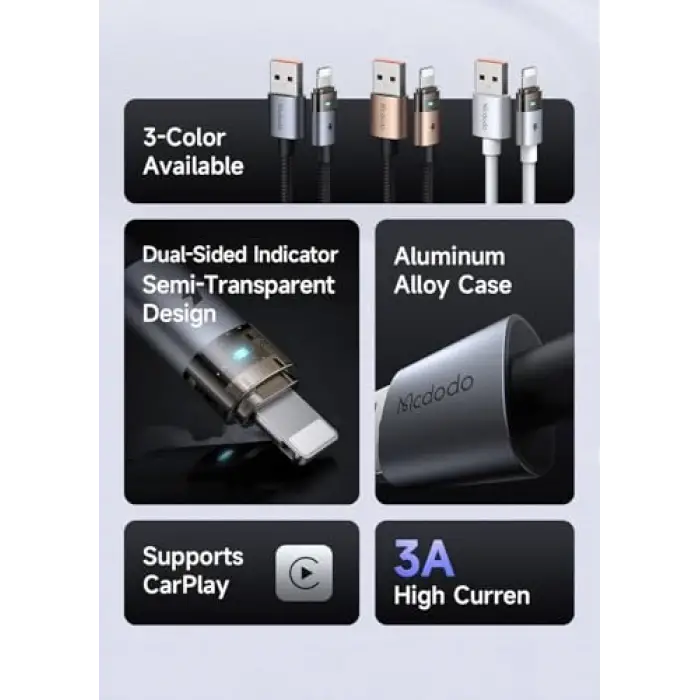 CA-6911 3A ışıklı USB iPhone şarj ve data kablosu, 1.2m, siyah