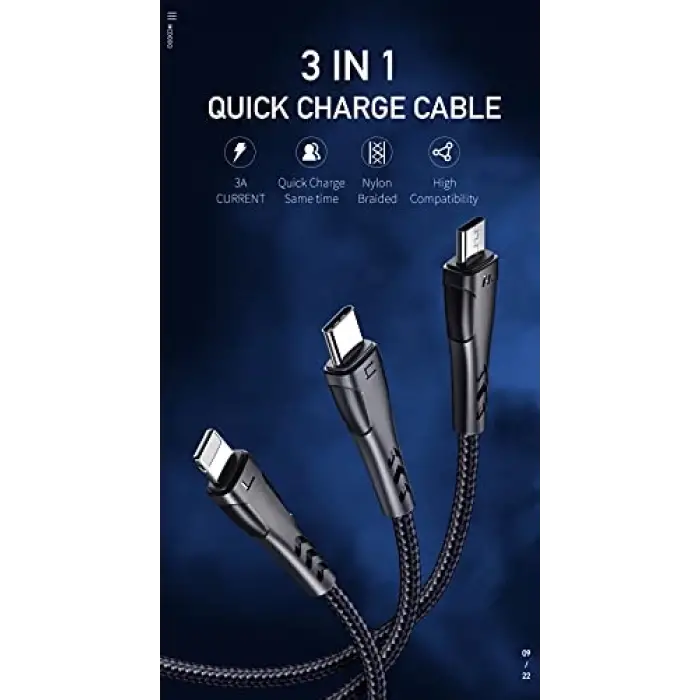 CA-6960 3in1 Lightning-Micro-Type-C Şarj Kablosu 3A 1.2m Siyah