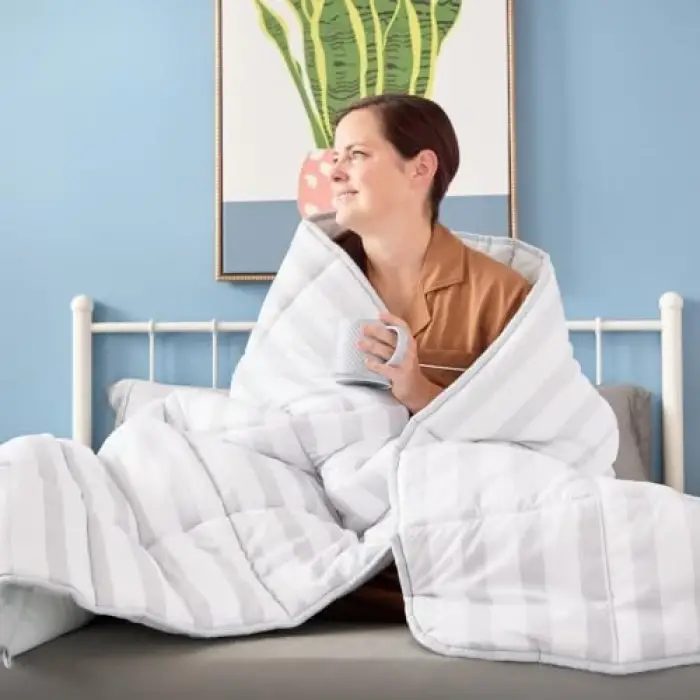 (California King, Grey/White Stripe) - Reversible Striped Down Alternative Quilted Comforter with Corner Duvet Tabs - Cal King Size