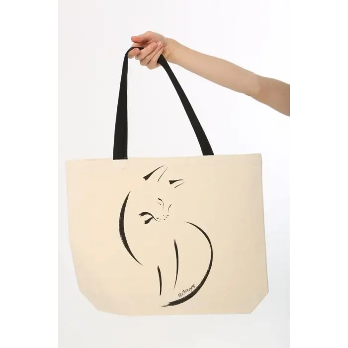 Çanta, Kedi Baskılı Kanvas Bez
