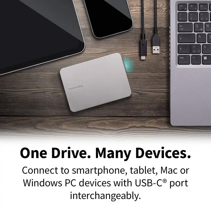 Canvio Flex 2.5 2TB USB 3.2 Gen-1 + Type-C + Type-A (HDTX220ESCAA) Taşınabilir Harici Sabit Disk; Akıllı Telefon ve Tablet Kullanımı için Taşınabilir 2,5  Harici Sabit Disk (Hdd); Sıcak Gümüş