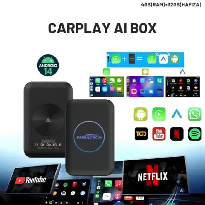 Carplay Ai Box 4GB+32GB Youtube, netflix, google Play & Kablosuz Carplay&android Auto- Android 14