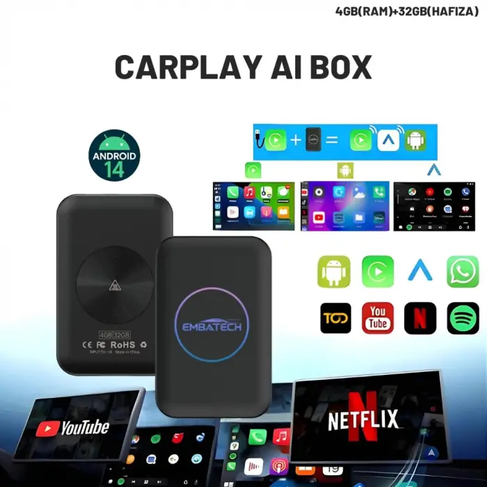 Carplay Ai Box 4GB+32GB Youtube, netflix, google Play & Kablosuz Carplay&android Auto- Android 14