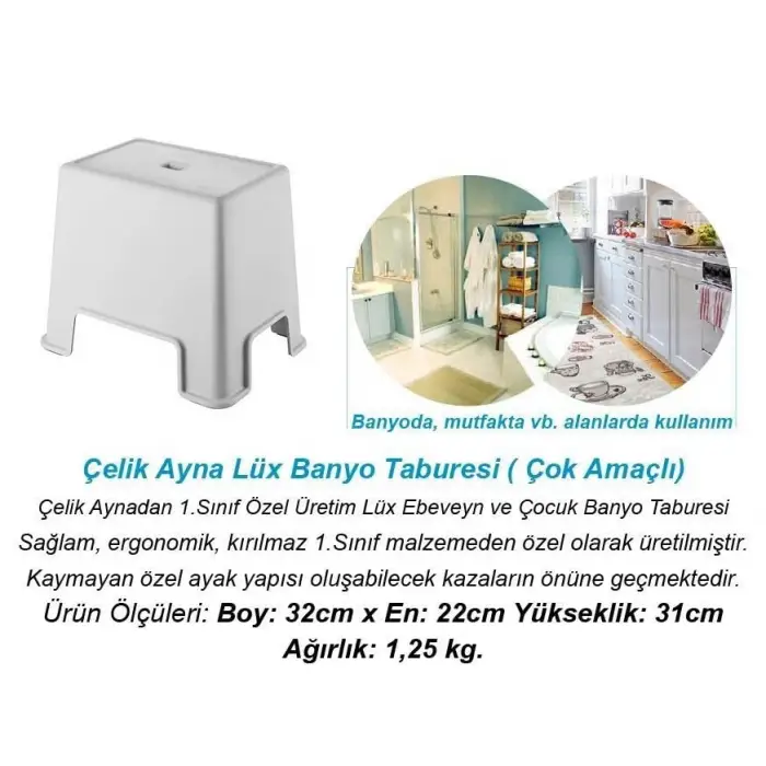 Çelik Ayna Lüx Banyo Taburesi Çok Amaçlı Tabure Açık Gri- 480