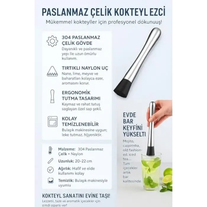 Çelik Kokteyl Muddler Barware Mojito Kokteyl Tokmağı cin511slv