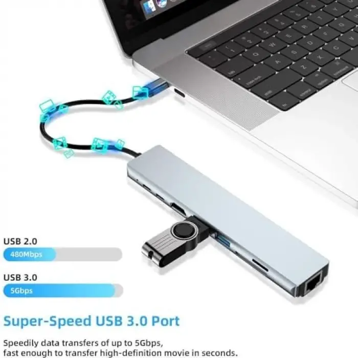 CF-04 MacBook Uyumlu Type-C™ - 4K HDMI Çevirici Hub Adaptör, Uhd 1080P, 2* Type-C, 3* USB, SD/TF, RJ45 Ethernet Lan, 8in1