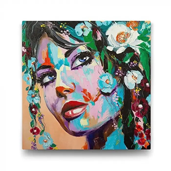 Çiçekli Kadın Tablosu - 100x100cm