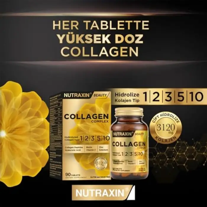 Collagen Complex Tablet | 5 Tip Kolajen (Tip I, II, III, V, X) + Hyalüronik Asit, Elastin, C Vitamini | Şeker ve Gluten İçermez | 90 Tablet