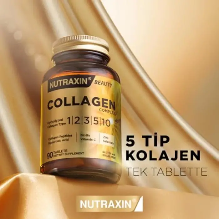 Collagen Complex Tablet | 5 Tip Kolajen (Tip I, II, III, V, X) + Hyalüronik Asit, Elastin, C Vitamini | Şeker ve Gluten İçermez | 90 Tablet