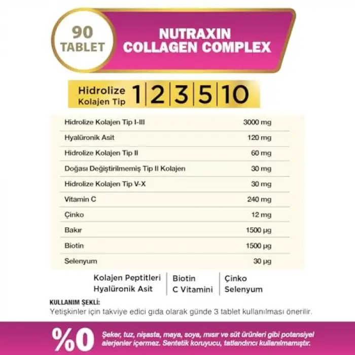 Collagen Complex Tablet | 5 Tip Kolajen (Tip I, II, III, V, X) + Hyalüronik Asit, Elastin, C Vitamini | Şeker ve Gluten İçermez | 90 Tablet