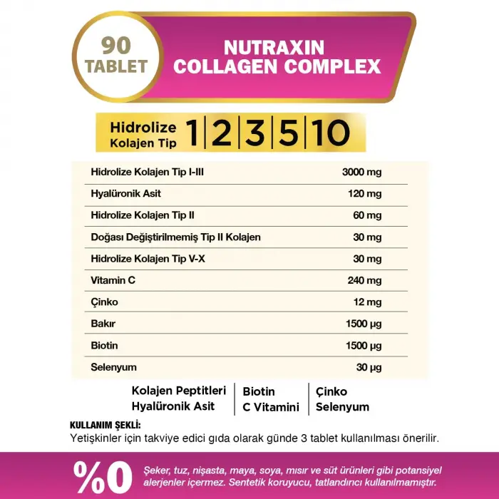 Collagen Complex Tablet | 5 Tip Kolajen (Tip I, II, III, V, X) + Hyalüronik Asit, Elastin, C Vitamini | Şeker ve Gluten İçermez | 90 Tablet