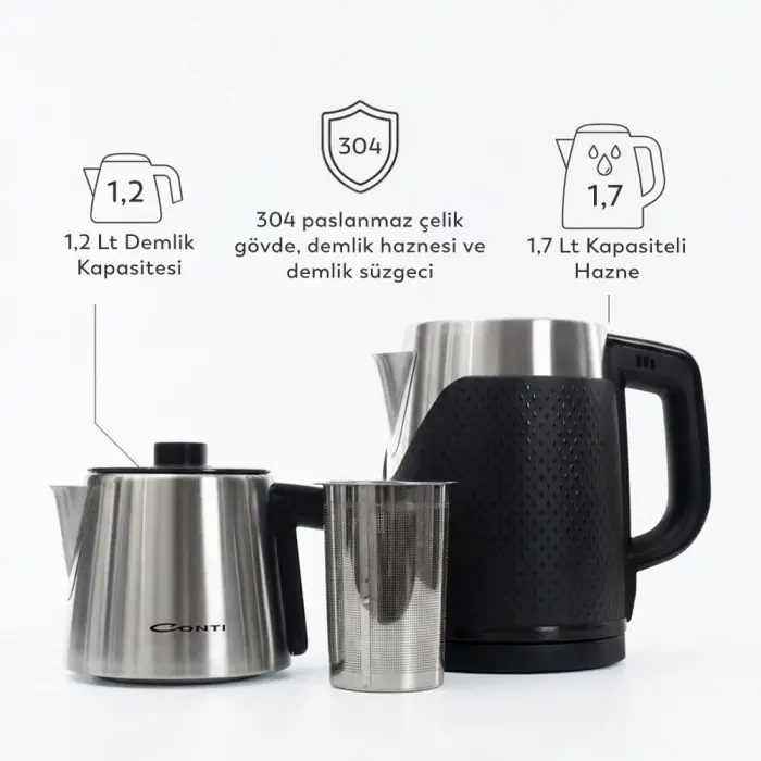 Conti CTM-130 Dempro Çift Katmanlı Çelik Çaycı 2000W 1.7L + 1.2L