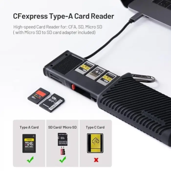 CreateMate USB 3.2 CFexpress-A ve SD Kart Okuyucu, 10 GBps, Siyah