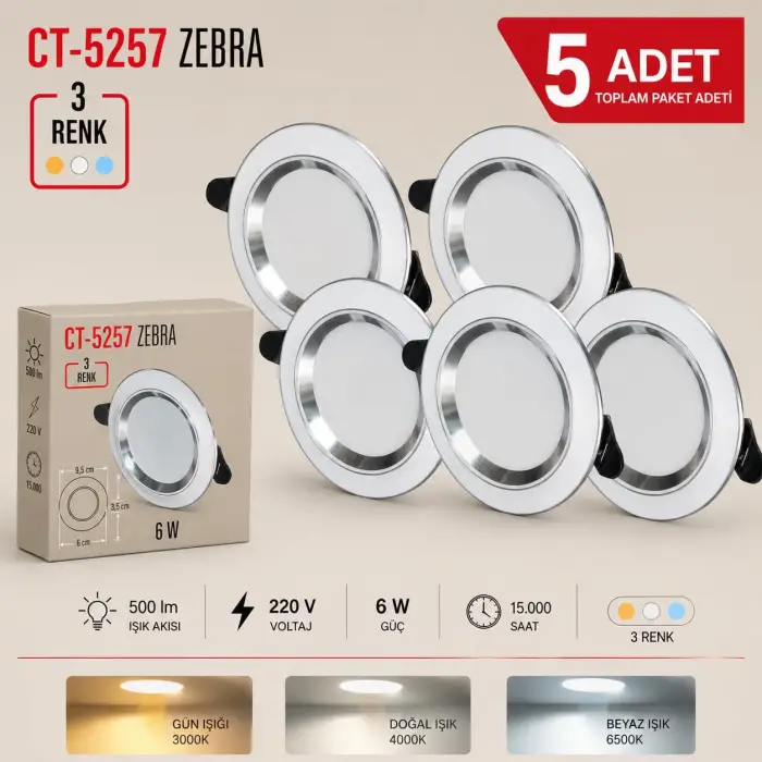 CT-5257 Zebra LED Spot 6W 500lm 220V 5 Adet