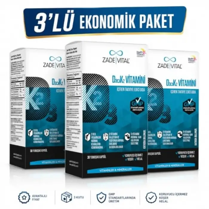 D3 + K2 Vitamini (3 Kutu) 90 Kapsül