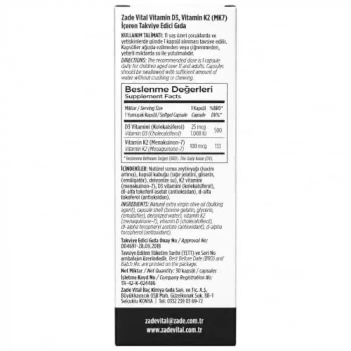 D3 + K2 Vitamini (3 Kutu) 90 Kapsül