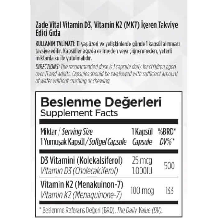 D3 + K2 Vitamini (3 Kutu) 90 Kapsül