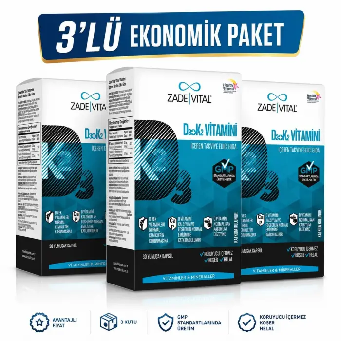 D3 + K2 Vitamini (3 Kutu) 90 Kapsül