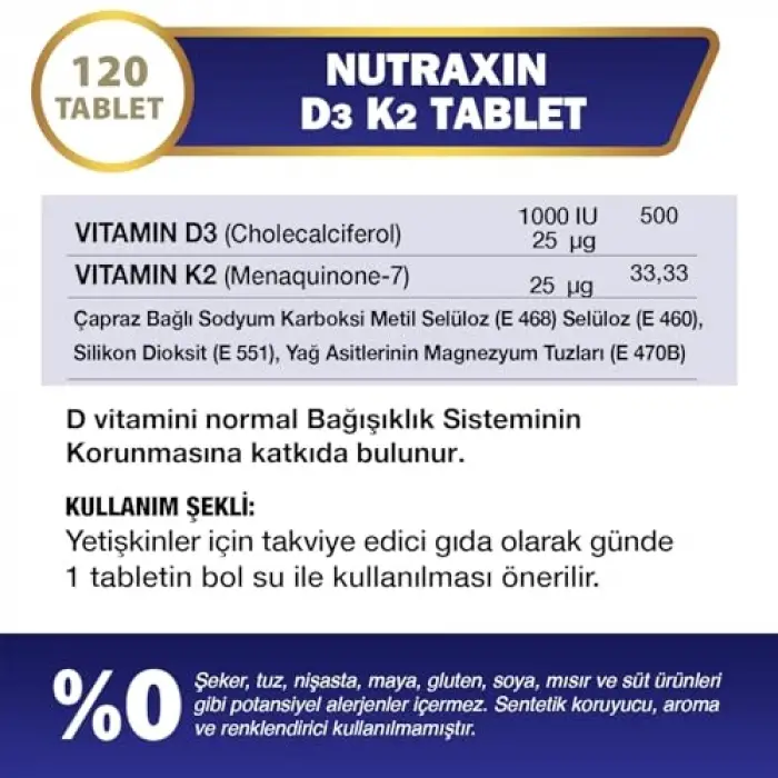 D3K2 120 Tablet - 1000 Iu D3 Vitamini, 25 Mcg K2 Vitamini
