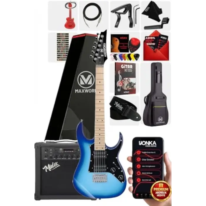 DE-150BL-25AMP Maple Klavye HH 25W Amfili Elektro Gitar Seti
