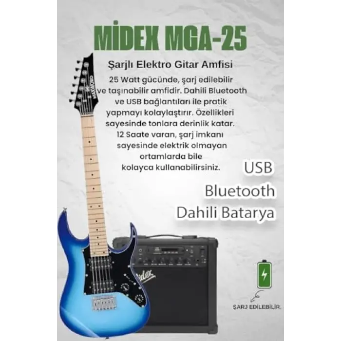 DE-150BL-25AMP Maple Klavye HH 25W Amfili Elektro Gitar Seti