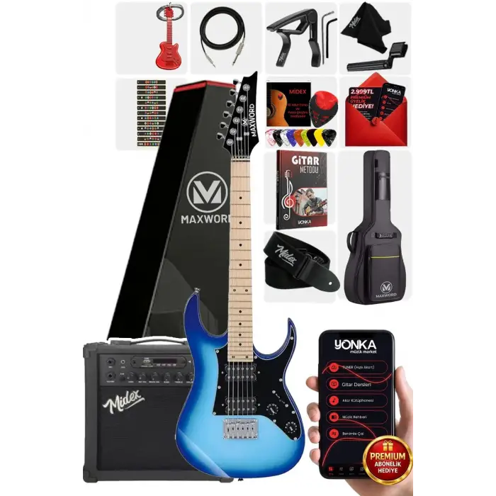 DE-150BL-25AMP Maple Klavye HH 25W Amfili Elektro Gitar Seti