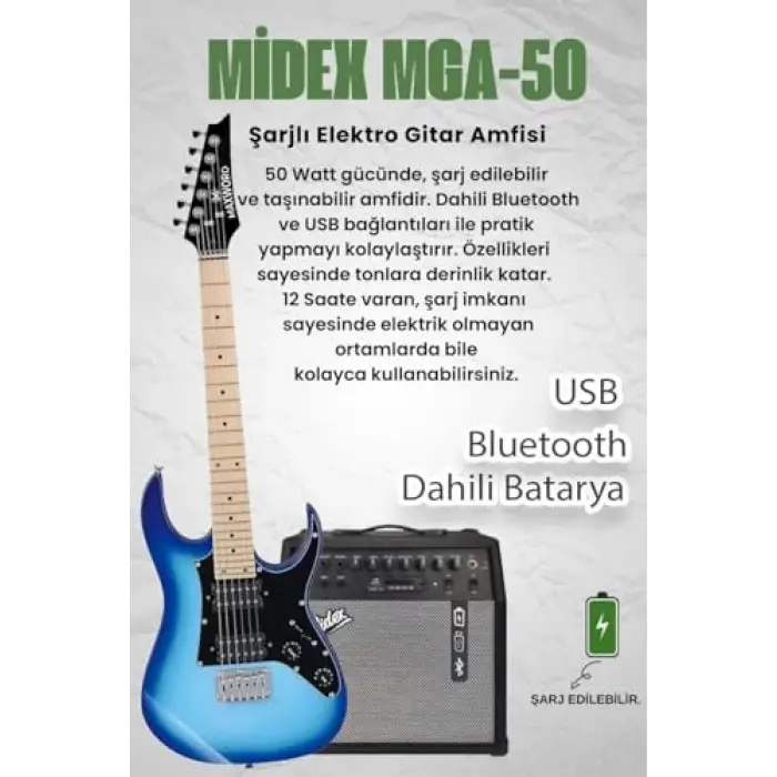 DE-150BL-50AMP Maple Klavye HH 50W Amfili Elektro Gitar Seti