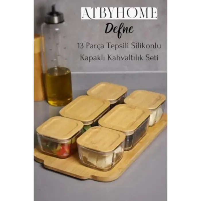 Defne 13 Parça Bambu Silikonlu Kapaklı Cam Kahvaltılık Seti Lüx Kahvaltı Takımı