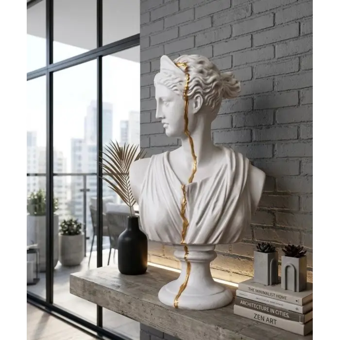 Diana Büst Biblo, Antik Yunan Tarzı, Beyaz Gold Polyester Dekorasyon Objesi