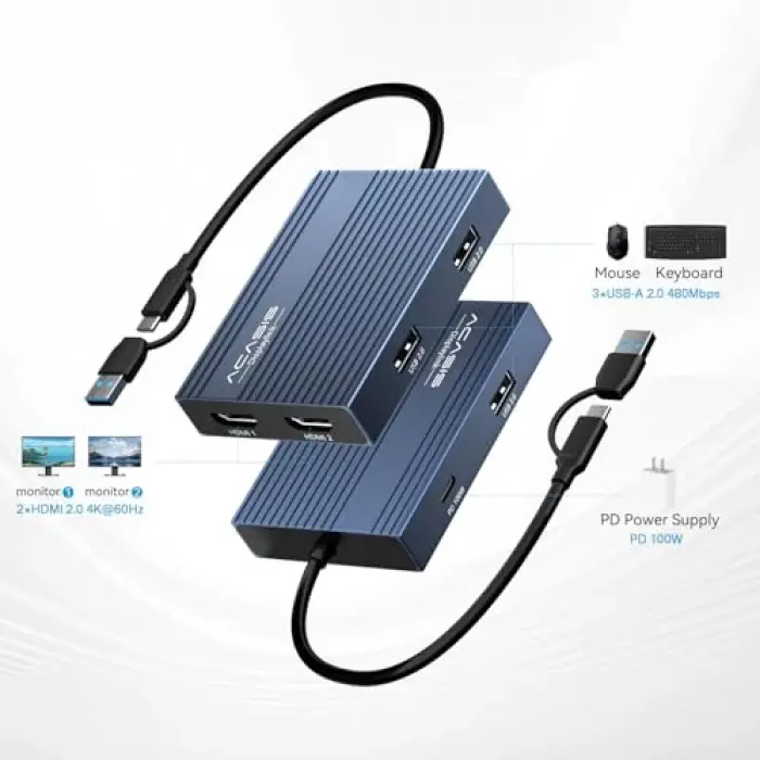 Displaylink USB C Dual HDMI 4K@60Hz PD 100W Yerleştirme İstasyonu, USB-C Displaylink Docking Station Adaptörü 2 x HDMI, 3 x USB-A, 100 W PD Şarj, Mac M1/M2/M3/M4/Windows ile Uyumlu