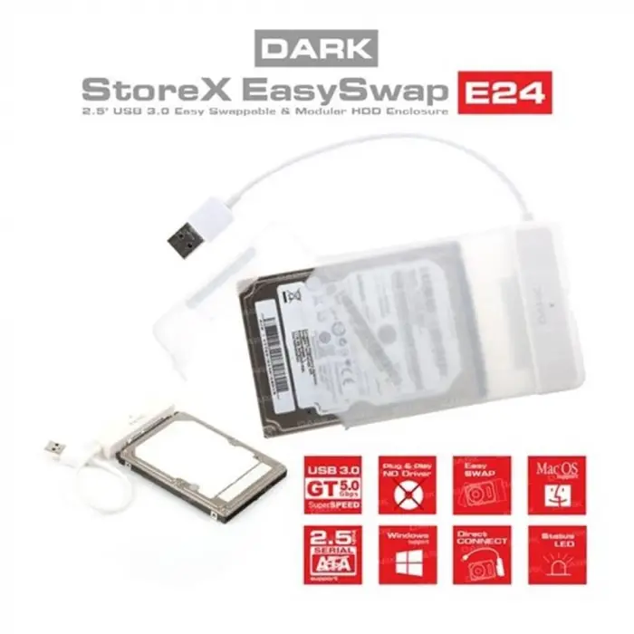 DK-AC-DSE24U3, Storex E24 2.5 USB 3.0 Çıkarılabilir Başlıklı Şeffaf SATA Disk Kutusu